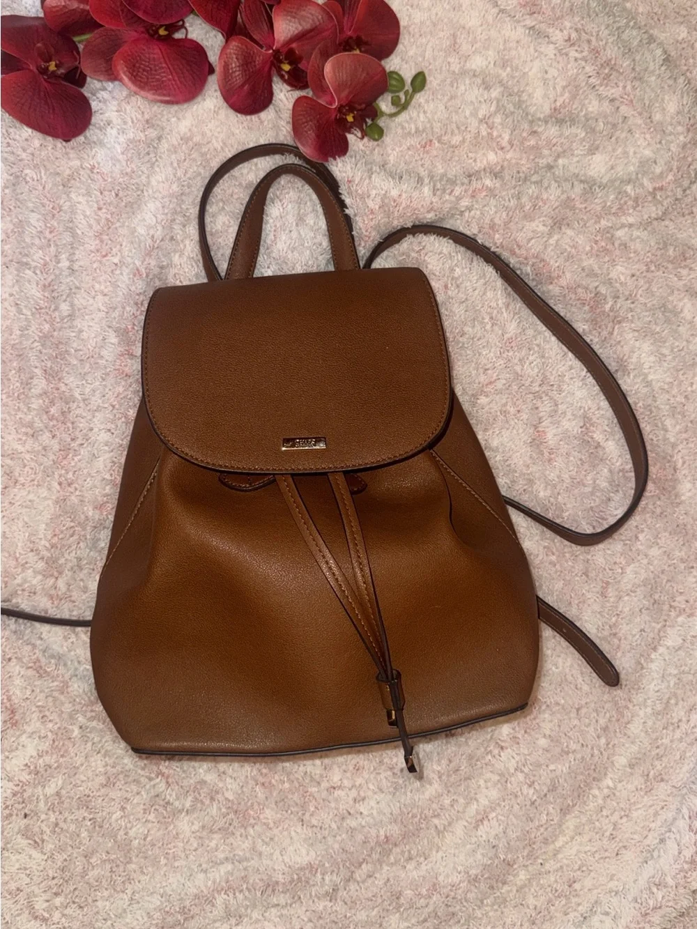 Chaps Brown Leatherette Drawstring Backpack